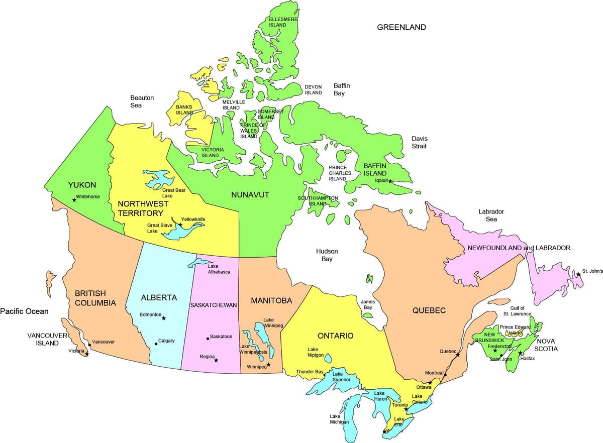 mapa de Canadá, los estados que han