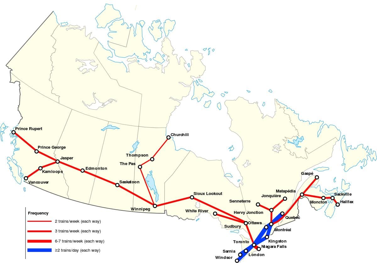 mapa de rutas de tren en Canadá