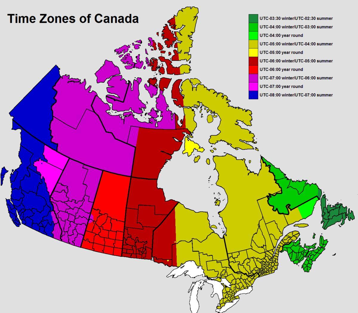 mapa de zona horaria de Canada