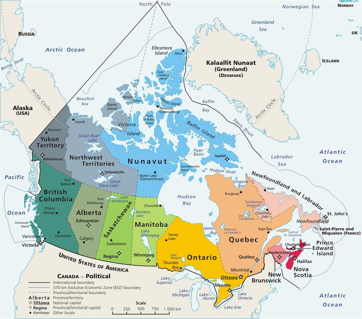 de color mapa de Canadá con las provincias