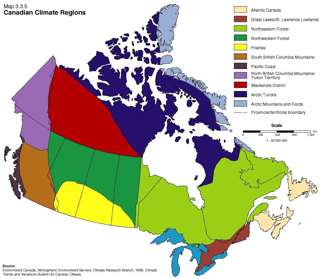 el clima de las regiones de Canadá mapa