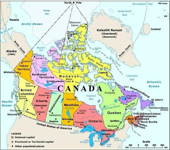 mapa del oeste de Canadá con las ciudades