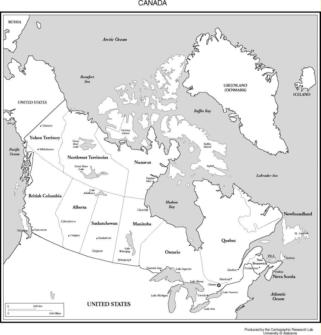 Mapa de canadá en blanco y negro