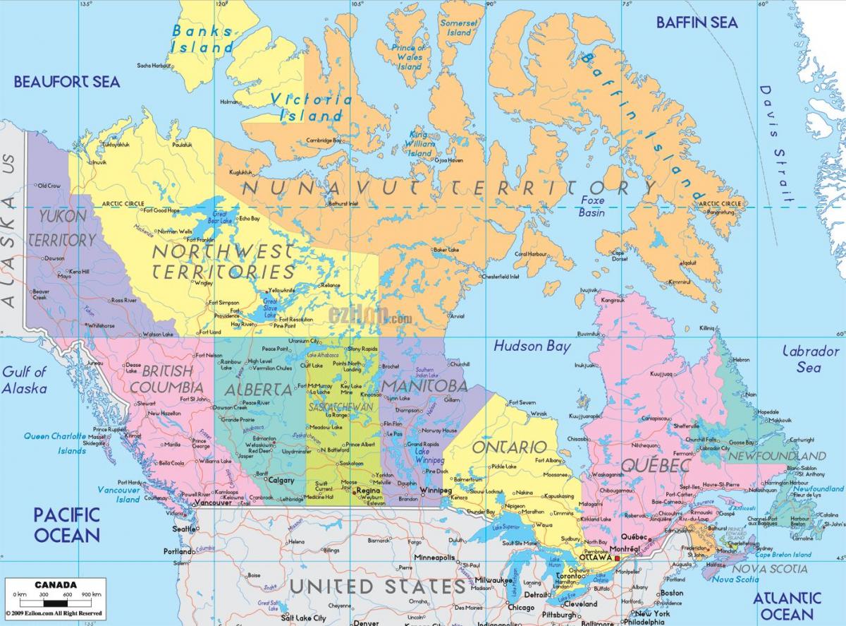 mapa detallado de la región oriental de Canadá