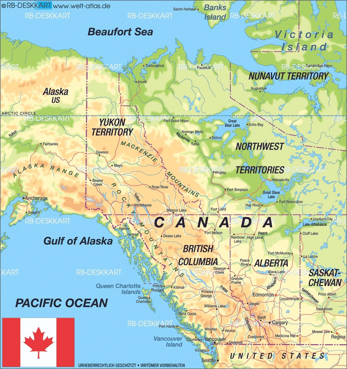 mapa detallado del oeste de Canadá