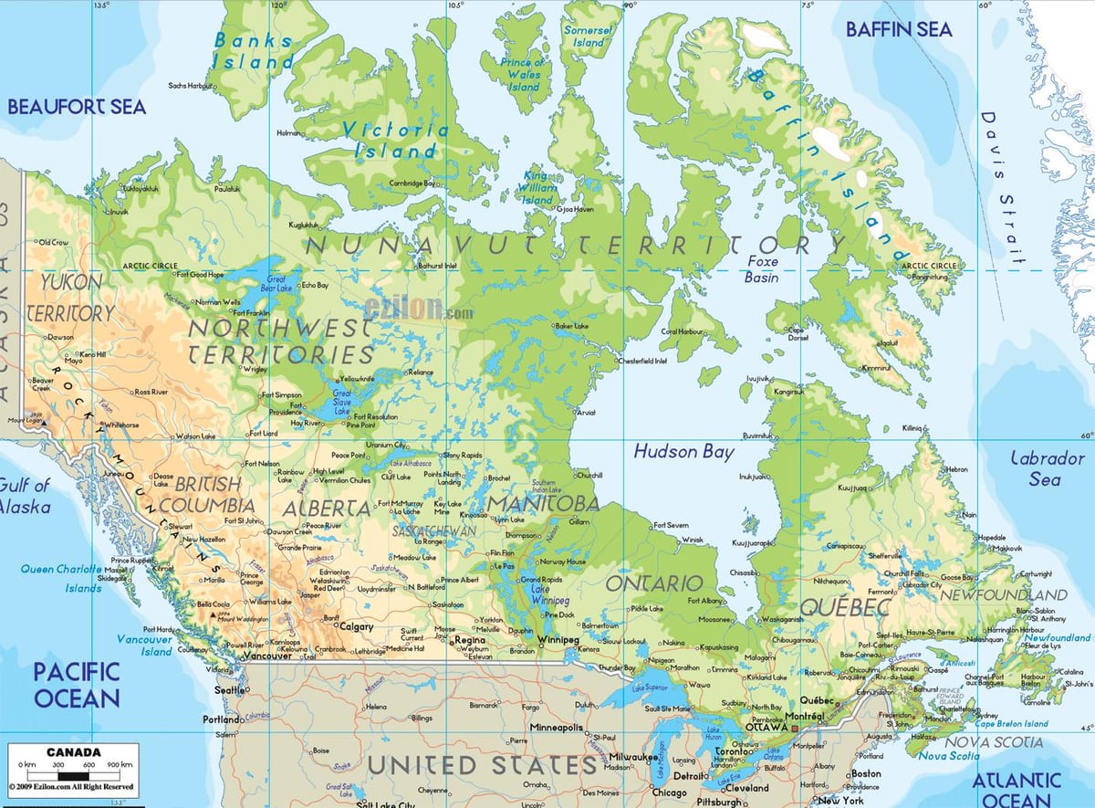 un mapa físico de Canadá