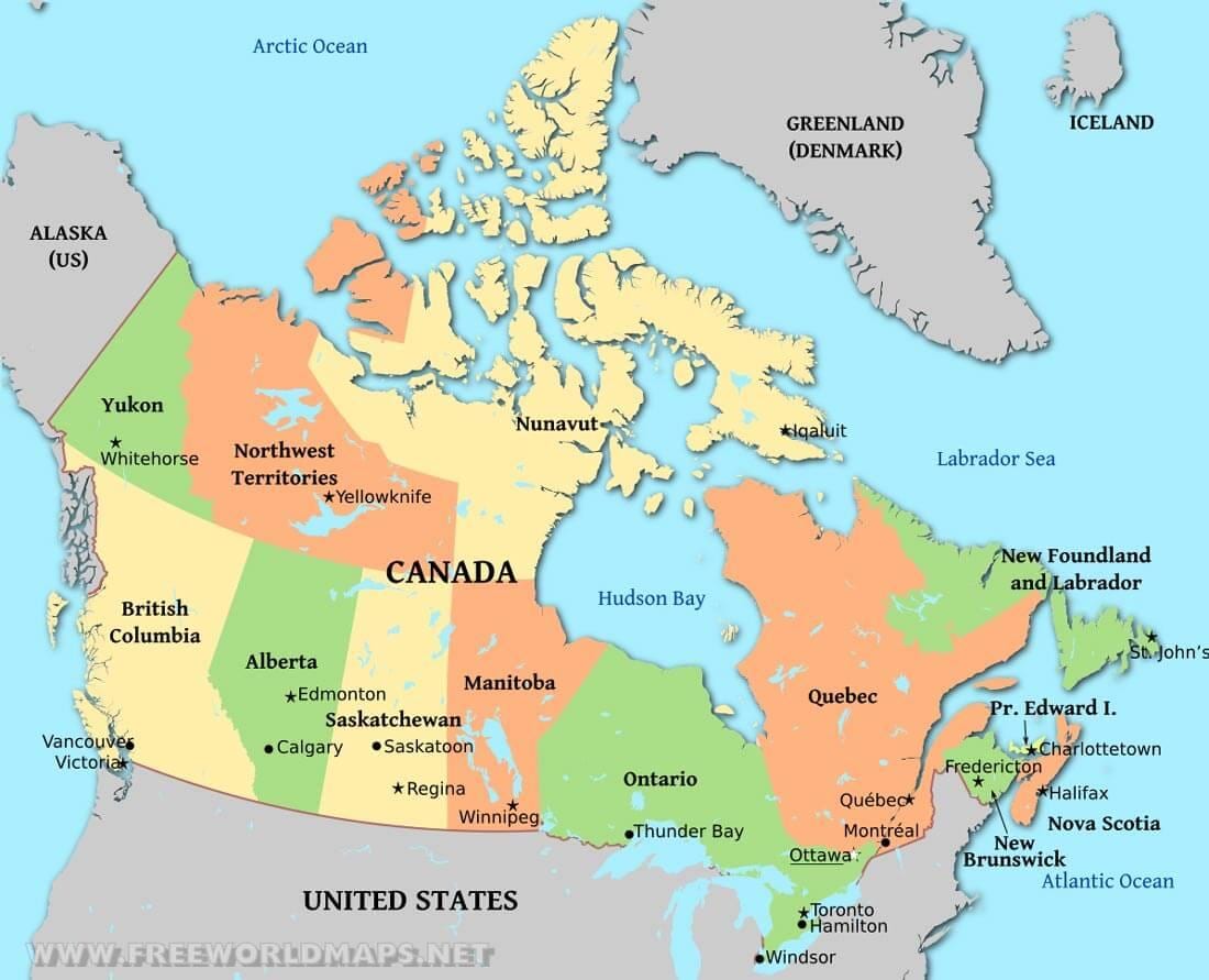 un mapa político de Canadá